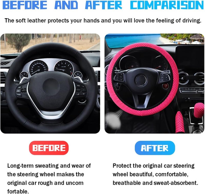 Bittwee 3PCS 15Inch Car Steering Wheel Cover Armrest Cover Gear Shift Cover Set, Microfiber Breathable Anti-Slip Automotive Steering Wheel Protector, Vehicle Interior Decor, Universal Fit（Rose Red） Trendy natural tone options - Image 3