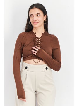Women Tie Neck Long Sleeve Plain Crop Top, Brown
