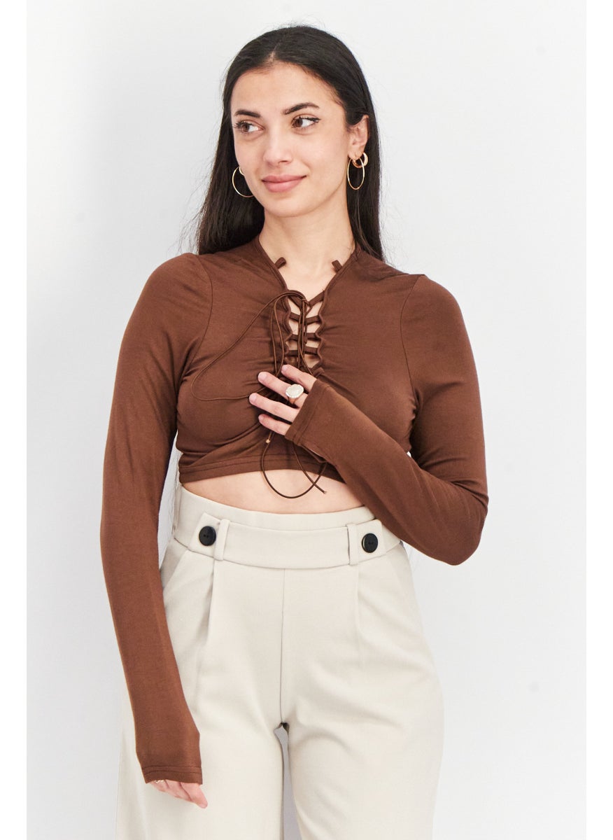 Fashionkilla - Women Tie Neck Long Sleeve Plain Crop Top, Brown - Image 1