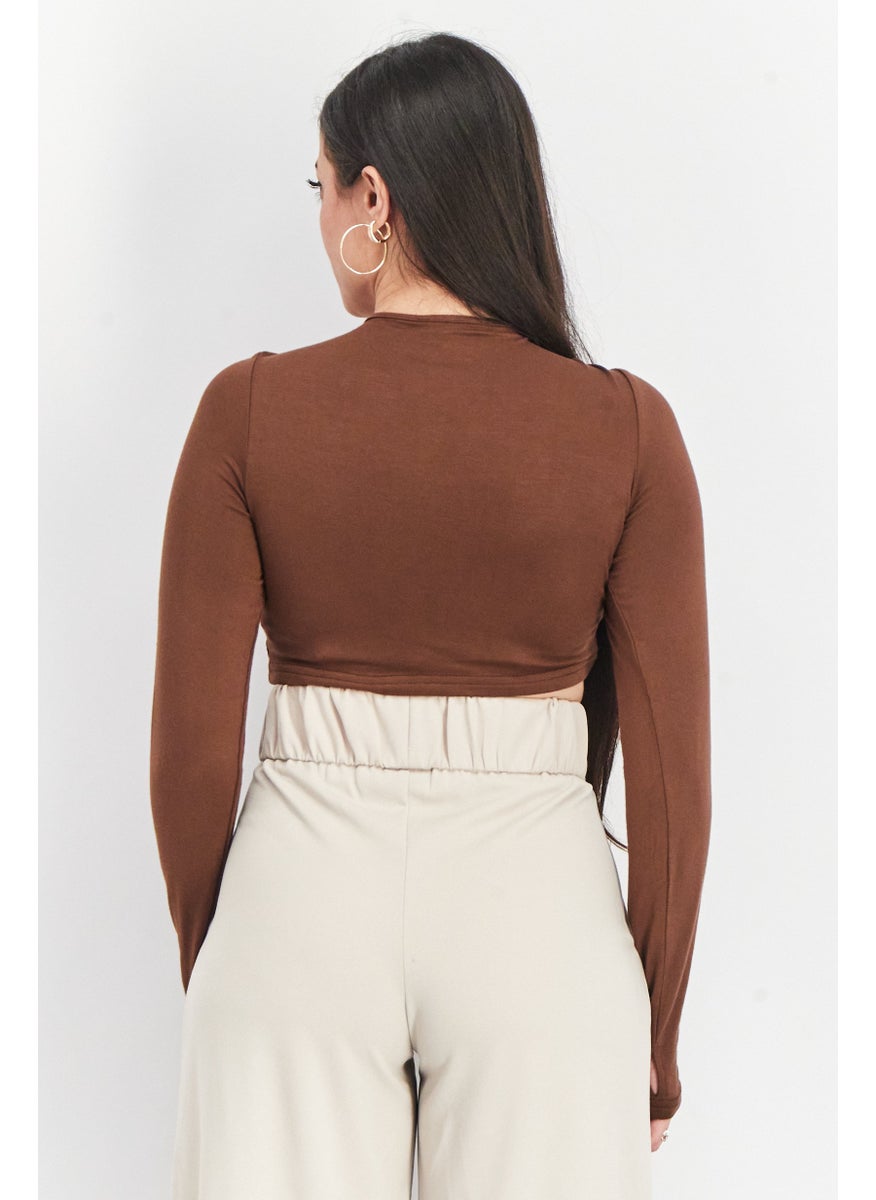 Fashionkilla - Women Tie Neck Long Sleeve Plain Crop Top, Brown - Image 1