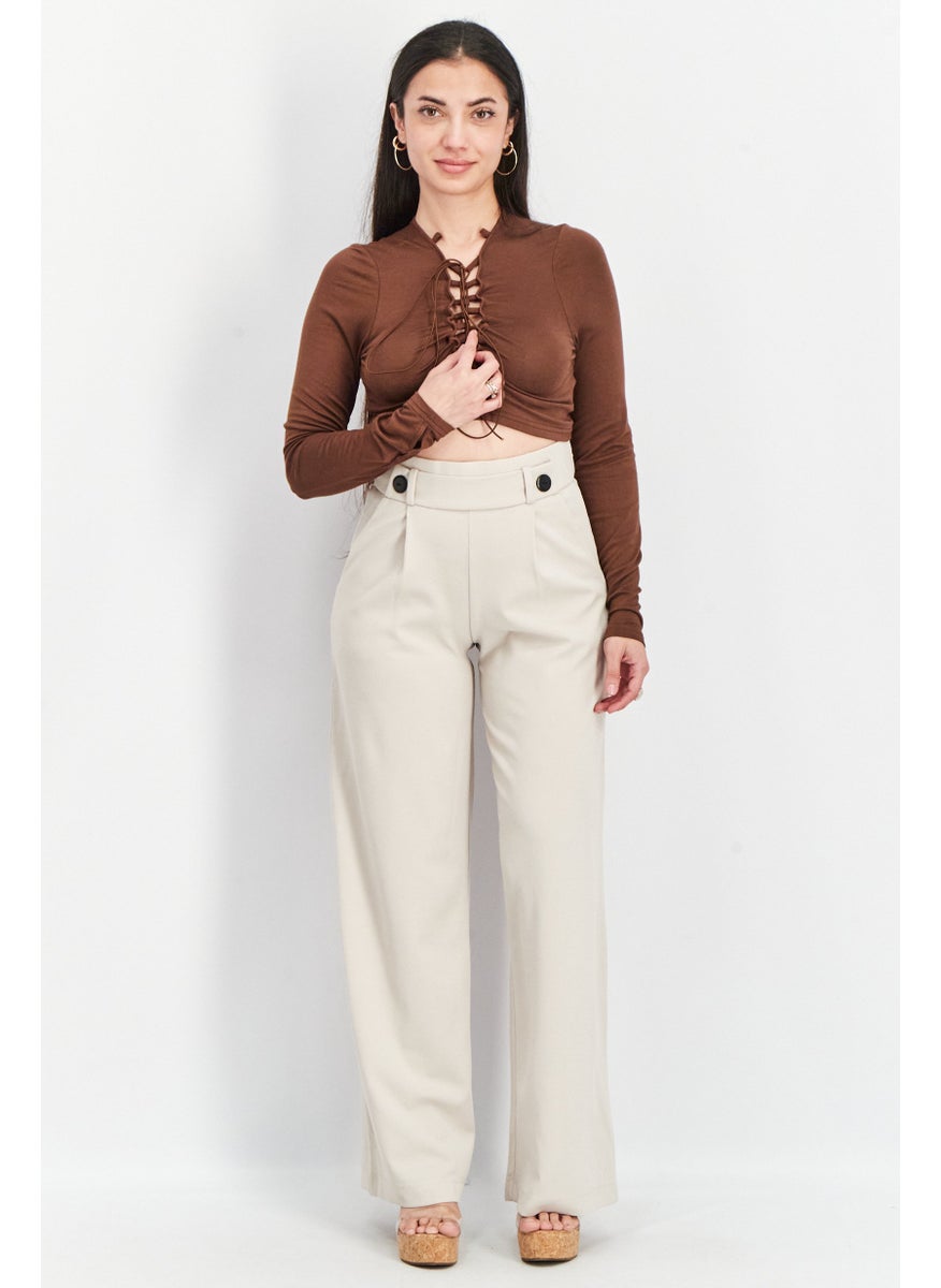 Fashionkilla - Women Tie Neck Long Sleeve Plain Crop Top, Brown - Image 1