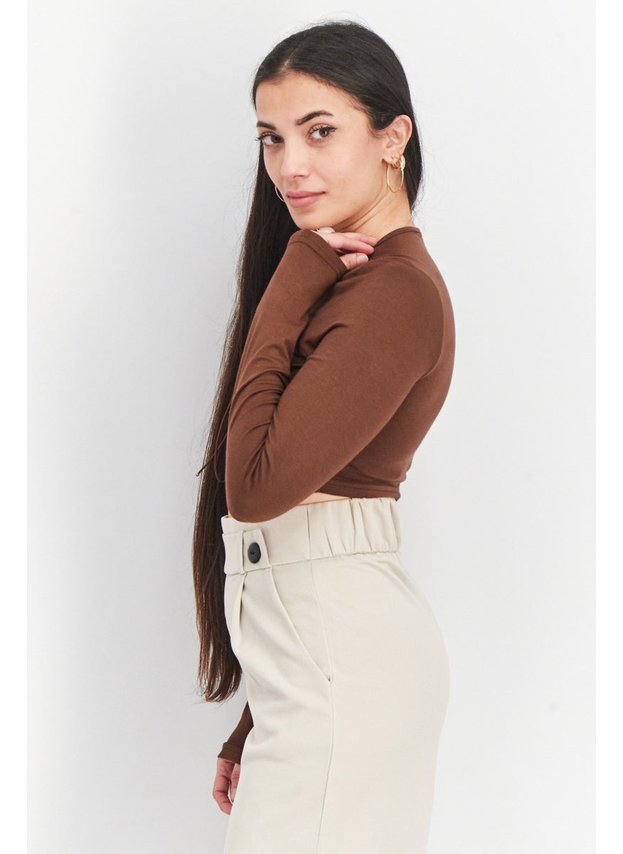 Fashionkilla - Women Tie Neck Long Sleeve Plain Crop Top, Brown - Image 1
