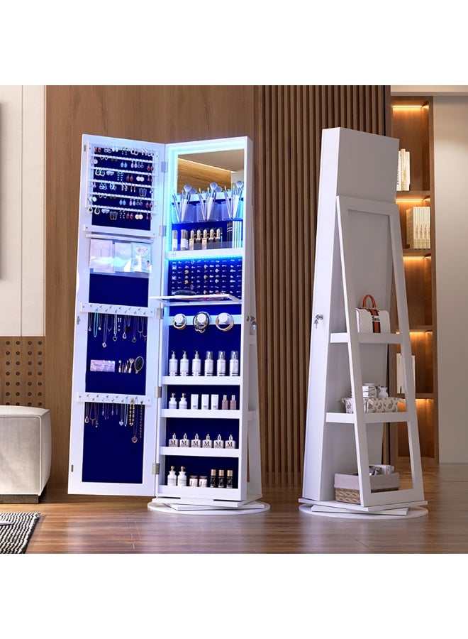 360° Rotating Jewelry Cabinet with Mirror and LED Lights, Standing Jewelry Armoire with Dressing Mirror and Rotatable Base, Full Length Mirror with Lockable Jewelry Storage Organizer, 6267B (White) - Image 1