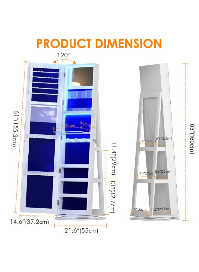 360° Rotating Jewelry Cabinet with Mirror and LED Lights, Standing Jewelry Armoire with Dressing Mirror and Rotatable Base, Full Length Mirror with Lockable Jewelry Storage Organizer, 6267B (White) - Image 2