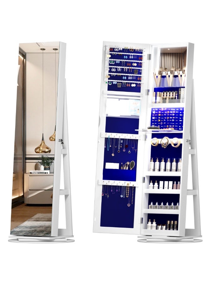 360° Rotating Jewelry Cabinet with Mirror and LED Lights, Standing Jewelry Armoire with Dressing Mirror and Rotatable Base, Full Length Mirror with Lockable Jewelry Storage Organizer, 6267B (White) - Image 3