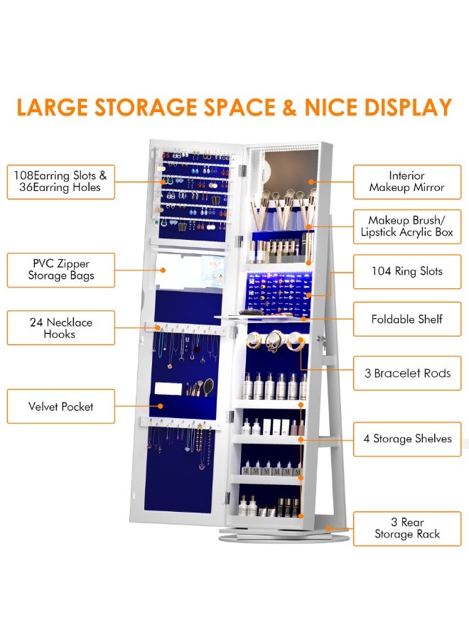 360° Rotating Jewelry Cabinet with Mirror and LED Lights, Standing Jewelry Armoire with Dressing Mirror and Rotatable Base, Full Length Mirror with Lockable Jewelry Storage Organizer, 6267B (White) - Image 5