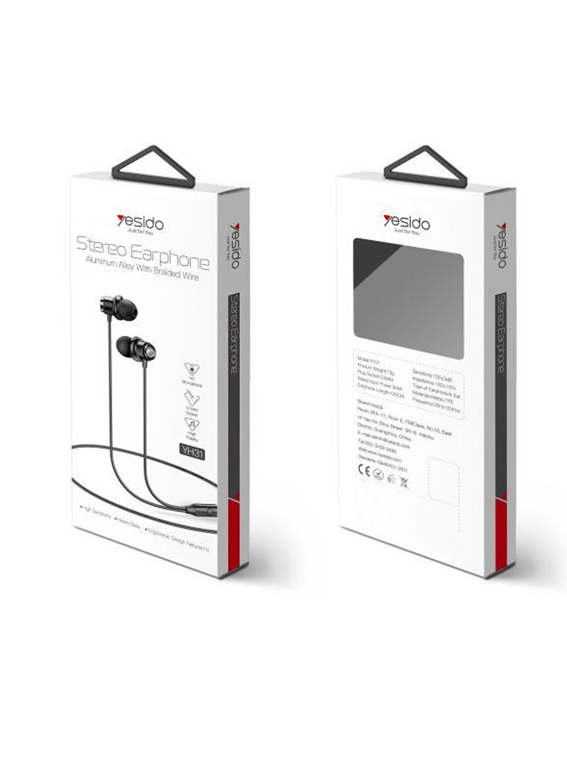 Yesido YH31 سماعة ستيريو سبائك الألومنيوم سلك مضفر مع ميكروفون HD 3.5mm سماعات الأذن في الأذن ستيريو سماعة رياضية - أسود