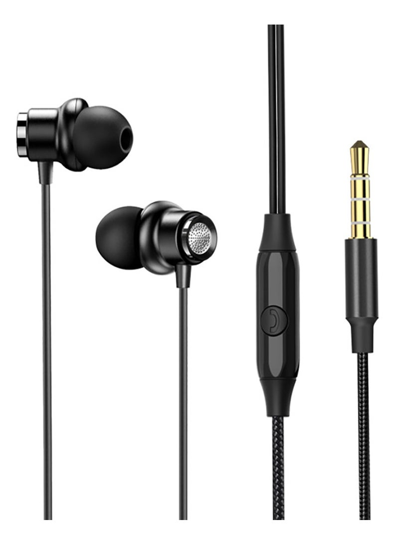 Yesido YH31 سماعة ستيريو سبائك الألومنيوم سلك مضفر مع ميكروفون HD 3.5mm سماعات الأذن في الأذن ستيريو سماعة رياضية - أسود