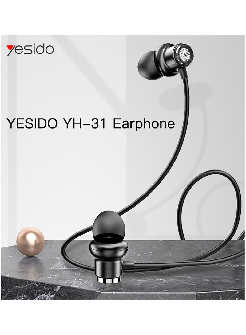 Yesido YH31 سماعة ستيريو سبائك الألومنيوم سلك مضفر مع ميكروفون HD 3.5mm سماعات الأذن في الأذن ستيريو سماعة رياضية - أسود