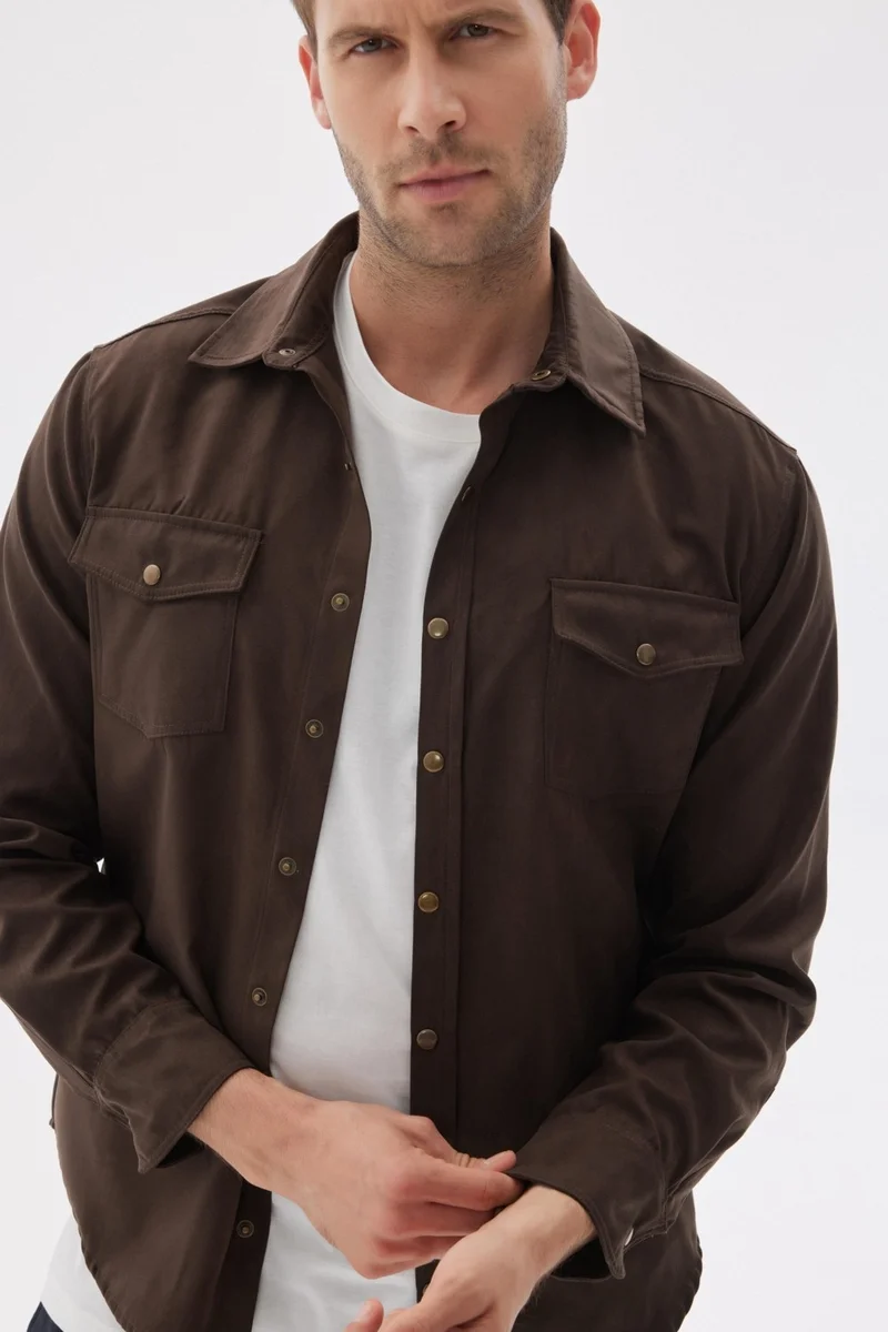 اوديلون Slim Fit Men's Brown Shirt Jacket with Pockets
