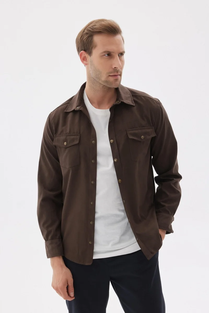 اوديلون Slim Fit Men's Brown Shirt Jacket with Pockets