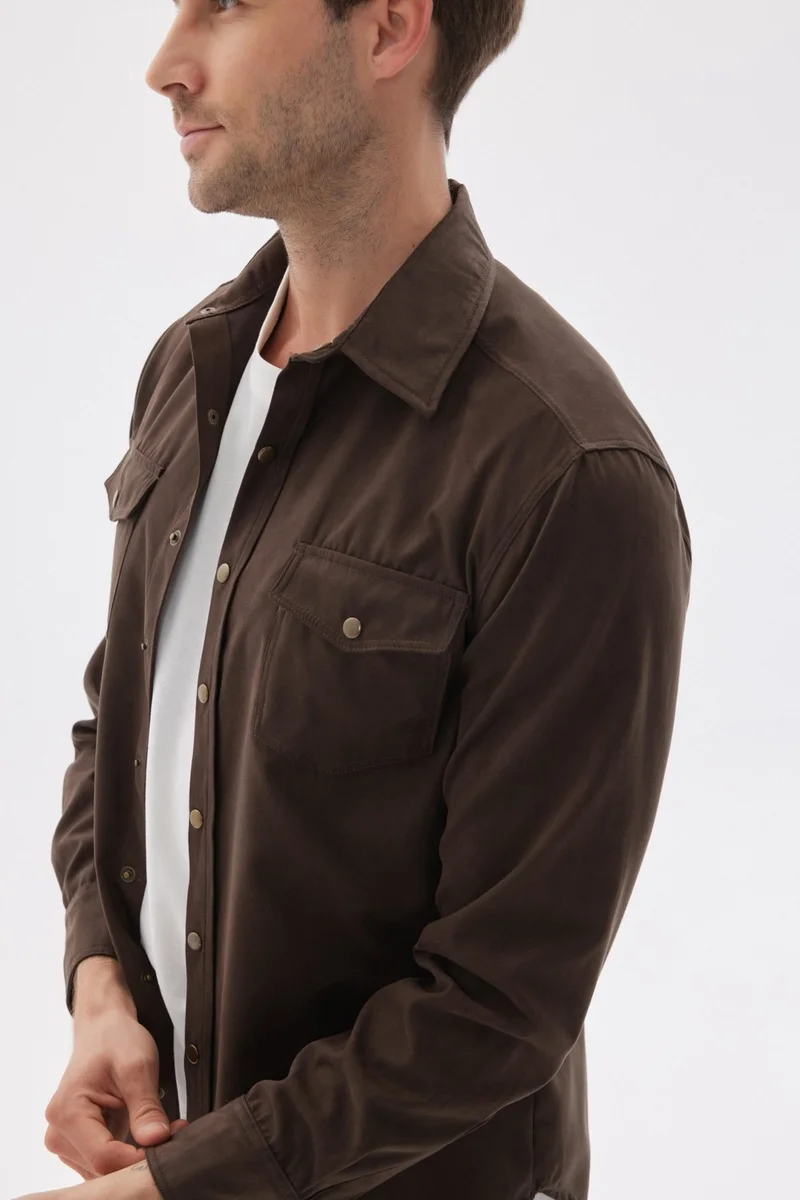 اوديلون Slim Fit Men's Brown Shirt Jacket with Pockets
