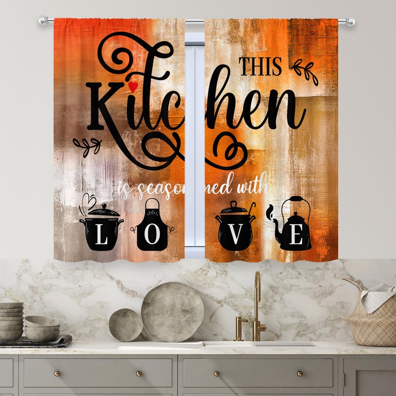 MESHELLY Abstract Burnt Orange Kitchen Curtains 27.5Wx39H Inch Rod Pocket Vintage Rustic Brown Art Painting Contemporary Bedroom Window Drapes Watercolor Quotes Printed Living Room Window Treatment - Image 2