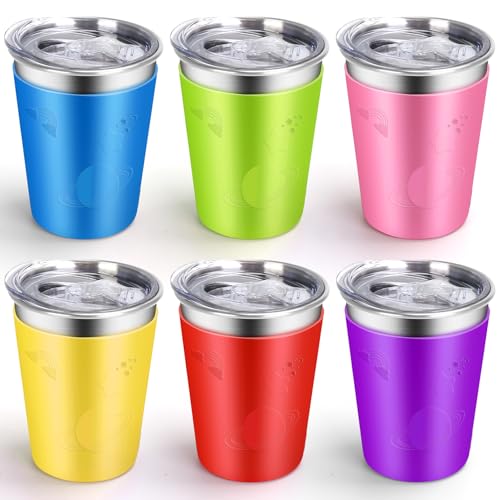 ShineMe No Spill Cup for Toddlers 6pack Stainless Steel Kids Cups with Lids 12oz Metal Cups for Kids Toddlers Preschoolers Adults with Removable Vibrant Color Sleeves for ColdHot Drinks - Image 1