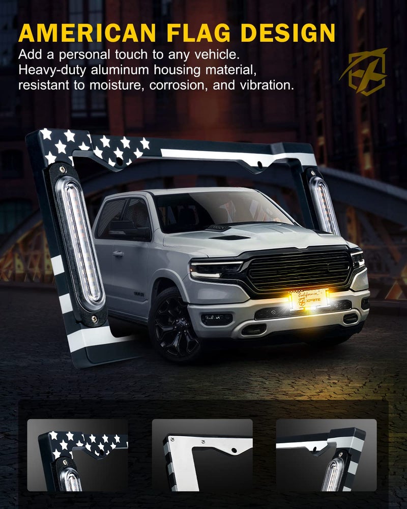 Xprite 36 LED License Plate Strobe Light, US Flag Front/Rear Strobe Lights, 22 Flash Modes Emergency Safety Warning LED License Frame for Cars Vehicles Trucks, Amber White (w/Pre-Installed 9FT Cable) - Image 3