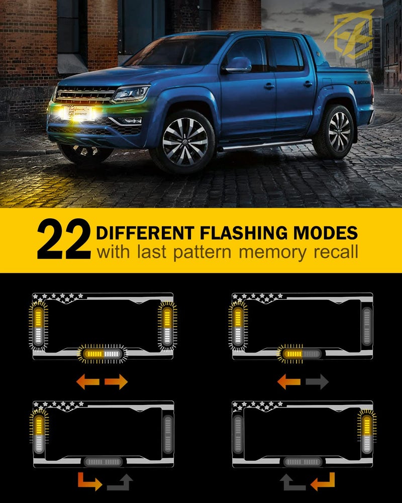 Xprite 36 LED License Plate Strobe Light, US Flag Front/Rear Strobe Lights, 22 Flash Modes Emergency Safety Warning LED License Frame for Cars Vehicles Trucks, Amber White (w/Pre-Installed 9FT Cable) - Image 2