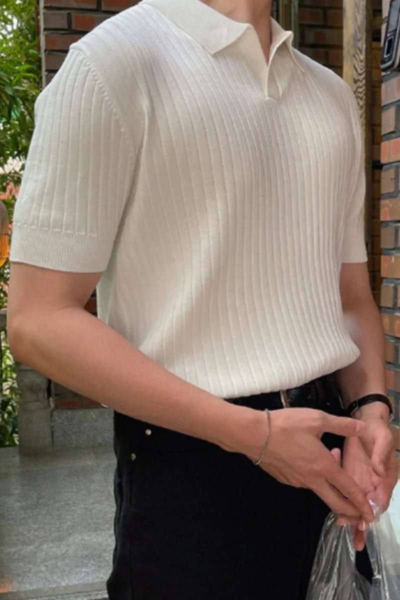 Cool Tarz Cool Style White Men's Ribbed Polo Neck Knit T-Shirt