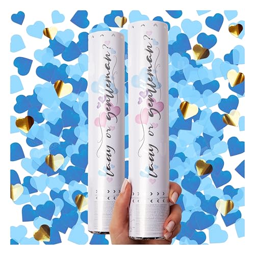 PrimePure Gender Reveal Confetti Cannon Heart Shaped Confetti Poppers Blue 2 Pack Baby Boy Gender Reveal Party Poppers Blue Paper Baby Party Supplies Pop Gun - Image 1