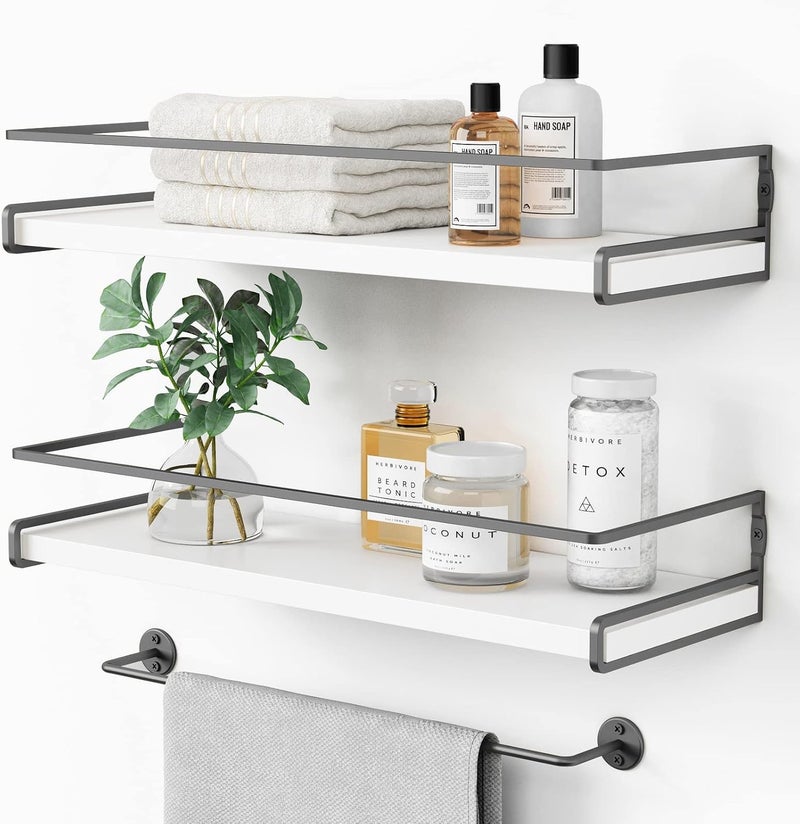 Forbena White Floating Shelves for Bathroom Organizer Over Toilet, Bathroom Shelves Wall Mounted with Towel Rack, Corner Wall Shelf for Bedroom Decor Kitchen Storage (White-Dark Grey, Set of 2) - Image 1