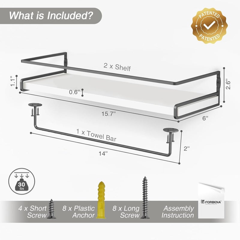 Forbena White Floating Shelves for Bathroom Organizer Over Toilet, Bathroom Shelves Wall Mounted with Towel Rack, Corner Wall Shelf for Bedroom Decor Kitchen Storage (White-Dark Grey, Set of 2) - Image 3