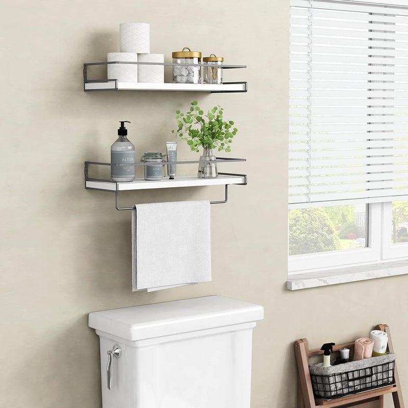 Forbena White Floating Shelves for Bathroom Organizer Over Toilet, Bathroom Shelves Wall Mounted with Towel Rack, Corner Wall Shelf for Bedroom Decor Kitchen Storage (White-Dark Grey, Set of 2) - Image 2