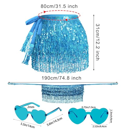 SUMERSHA Sequin Belly Dance Hip Scarf Tassel Wrap Sparkly Fringe Skirt with 1 Pair Heart Sunglasses Party Rave Costume for Women (Blue) - Image 4