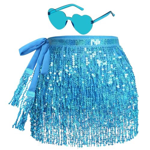 SUMERSHA Sequin Belly Dance Hip Scarf Tassel Wrap Sparkly Fringe Skirt with 1 Pair Heart Sunglasses Party Rave Costume for Women (Blue) - Image 1