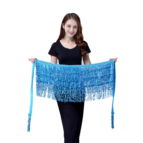SUMERSHA Sequin Belly Dance Hip Scarf Tassel Wrap Sparkly Fringe Skirt with 1 Pair Heart Sunglasses Party Rave Costume for Women (Blue) - Image 2