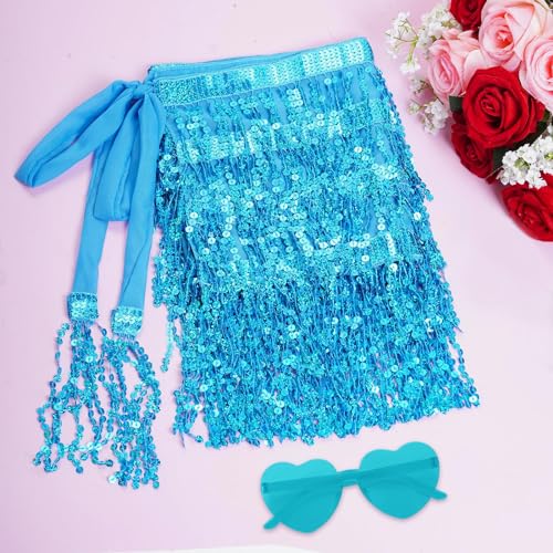 SUMERSHA Sequin Belly Dance Hip Scarf Tassel Wrap Sparkly Fringe Skirt with 1 Pair Heart Sunglasses Party Rave Costume for Women (Blue) - Image 3