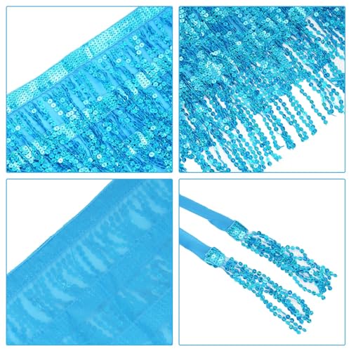 SUMERSHA Sequin Belly Dance Hip Scarf Tassel Wrap Sparkly Fringe Skirt with 1 Pair Heart Sunglasses Party Rave Costume for Women (Blue) - Image 5