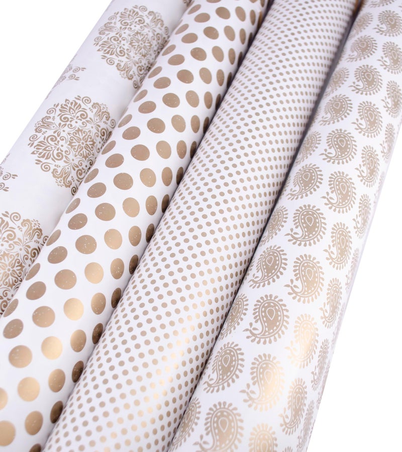 Premsons ورق تغليف هدايا بمواضيع متنوعة من برمسونز® - عبوة من 4، ورق تغليف حرفي بألوان الأبيض والذهبي (قد تختلف الطبعات) - Image 1