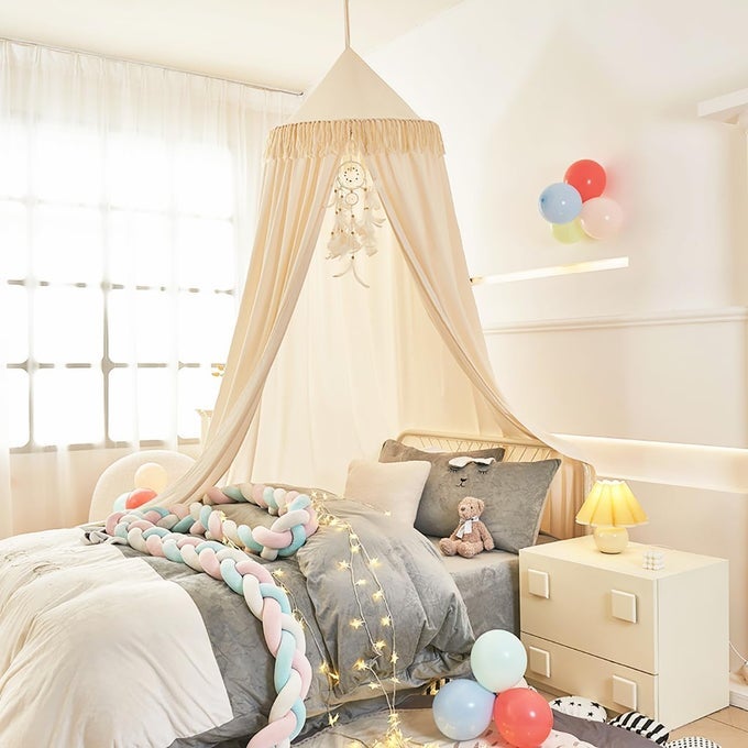 KIDS BED CANOPY WITH TASSELBED CANOPY FOR GIRLS BOYS ROOM TENTBABY CRIB HANGING CURTAINBEDROOM PRIVACY SPACE SLEEPING TENTS GIFTSIVORY