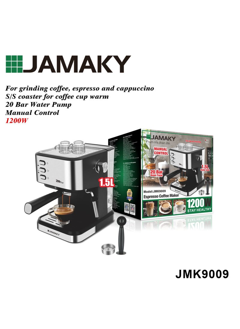 JAMAKY Espresso Coffee Maker with Italian technology , Household 1200W Manual Control Coffee Machine 1.5L Water tank 20 bar water pump - JMK9009  - Image 1