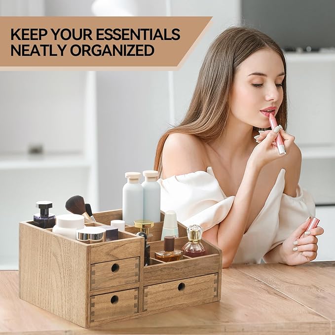 KIRIGEN Makeup Organizer Storage Drawers Wood Cosmetic Organisers for Lipsticks Jewelry Nail Care Skincare Storage Box for Dresser Desktop Large Capacity HZGDBR