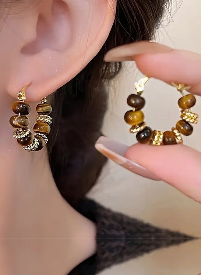 Ready For Chai 3 pairs of retro elegant, gentle and high-end amber bead geometric design Women's earring set suitable for daily parties and dances in all seasons - Image 2