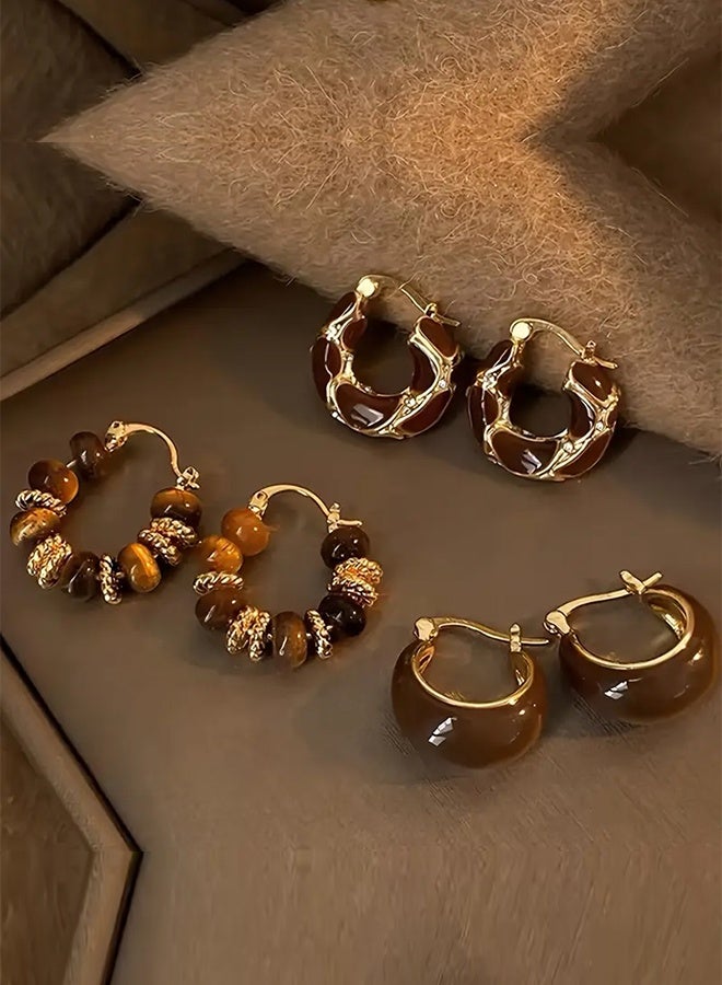 Ready For Chai 3 pairs of retro elegant, gentle and high-end amber bead geometric design Women's earring set suitable for daily parties and dances in all seasons - Image 1