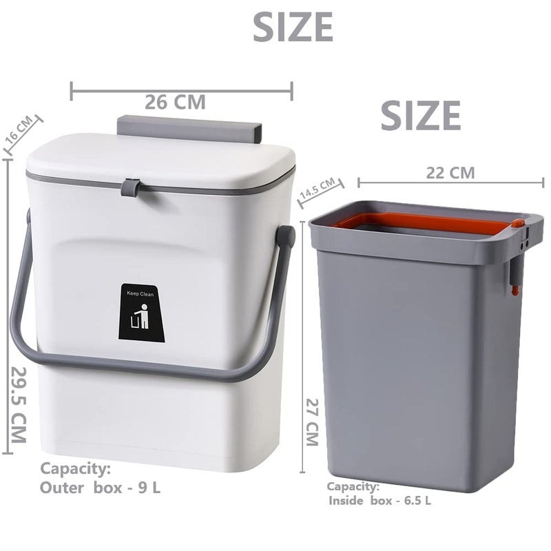 NEEMAY 9L Kitchen Hanging Trash Can with Built-In Bin, Lid, and Handle - Gray - Image 5