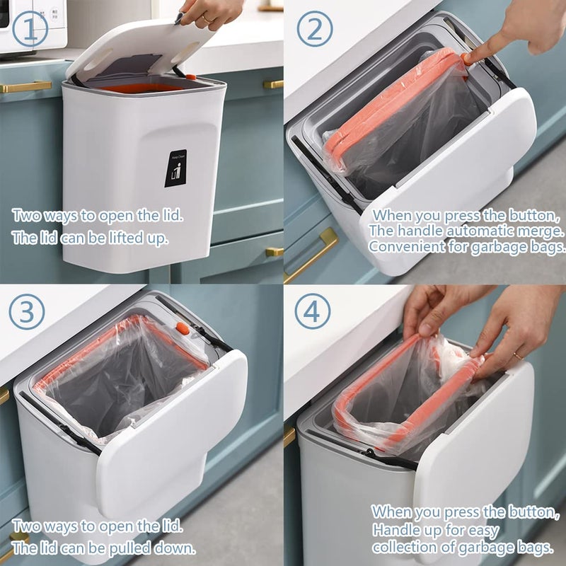 NEEMAY 9L Kitchen Hanging Trash Can with Built-In Bin, Lid, and Handle - Gray - Image 2