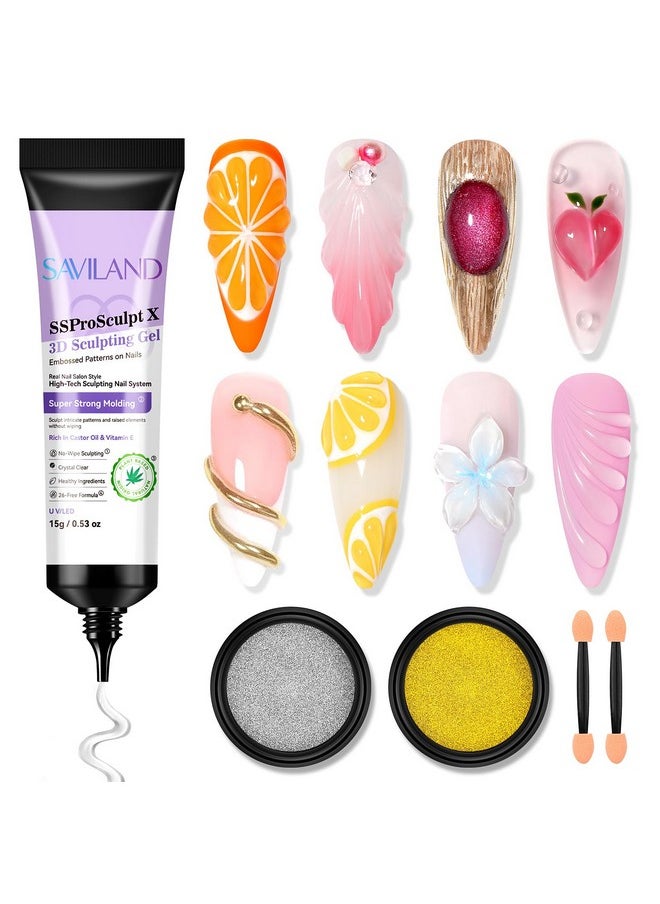 Saviland - SAVILAND 3D Nail Gel and Chrome Nail Powder Kit: 15g No Wipe Clear 3D Sculpting Gel for Nail Art, 3D Carving Nail Molding Gel & Metallic Chrome Powder Set for Gel Nail Art Decoration Home Manicure DIY - Image 1