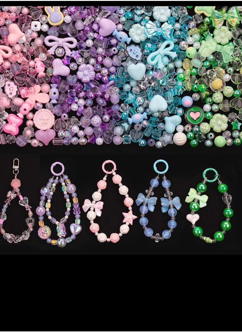 Capstro 180–240PCS Acrylic Beads Set (160g) – Kawaii Assorted Candy Charms for Bracelet Making | Hearts, Bows, Gummy Bears, Stars, Butterflies | Aesthetic Jewelry Craft Kit (Pink, Blue, Purple, Green) 