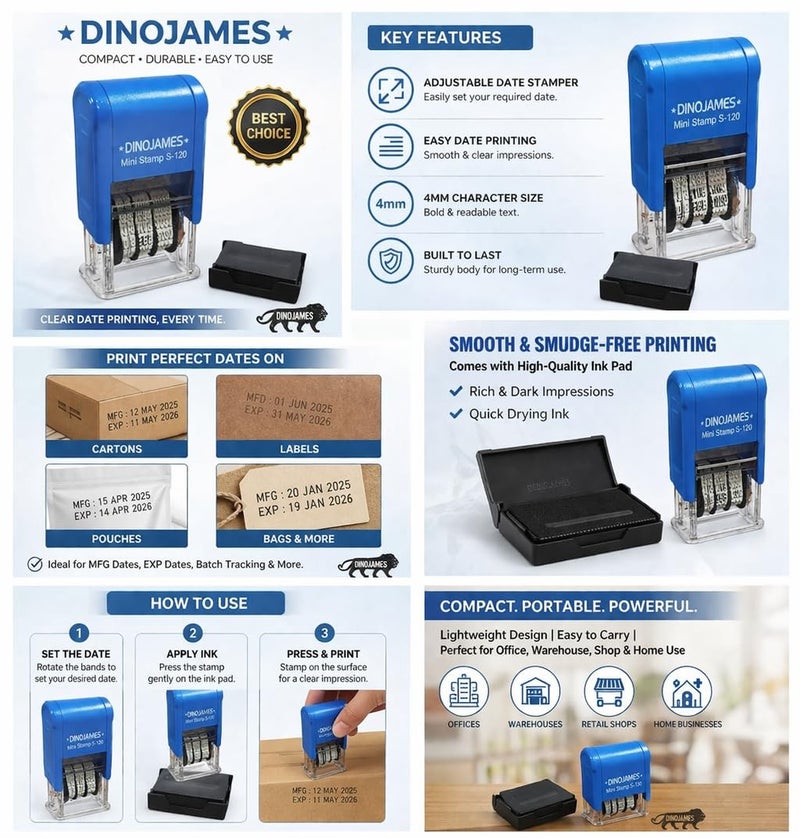 Dinojames Self Inking Mini Dater D-300 Self Inking Stamp (Blue Ink) Year Rang (2018-2029) DD-MM-YYYY - Image 4