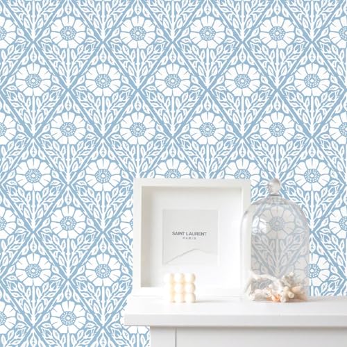 Lativo Blue and White Floral Peel and Stick Wallpaper Modern Boho Contact Paper for Cabinets Drawers Coastal Flower Leaf Self Adhesive Wallpaper Bathroom Bedroom Removable Vinyl Roll 197inL 17.3inW - Image 1
