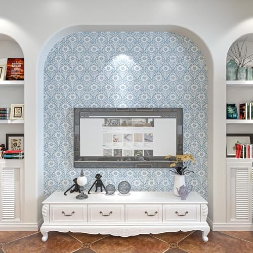 Lativo Blue and White Floral Peel and Stick Wallpaper Modern Boho Contact Paper for Cabinets Drawers Coastal Flower Leaf Self Adhesive Wallpaper Bathroom Bedroom Removable Vinyl Roll 197inL 17.3inW - Image 3