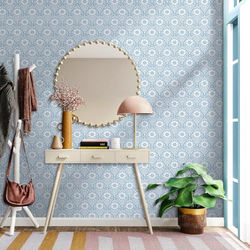 Lativo Blue and White Floral Peel and Stick Wallpaper Modern Boho Contact Paper for Cabinets Drawers Coastal Flower Leaf Self Adhesive Wallpaper Bathroom Bedroom Removable Vinyl Roll 197inL 17.3inW - Image 4