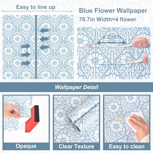 Lativo Blue and White Floral Peel and Stick Wallpaper Modern Boho Contact Paper for Cabinets Drawers Coastal Flower Leaf Self Adhesive Wallpaper Bathroom Bedroom Removable Vinyl Roll 197inL 17.3inW - Image 5