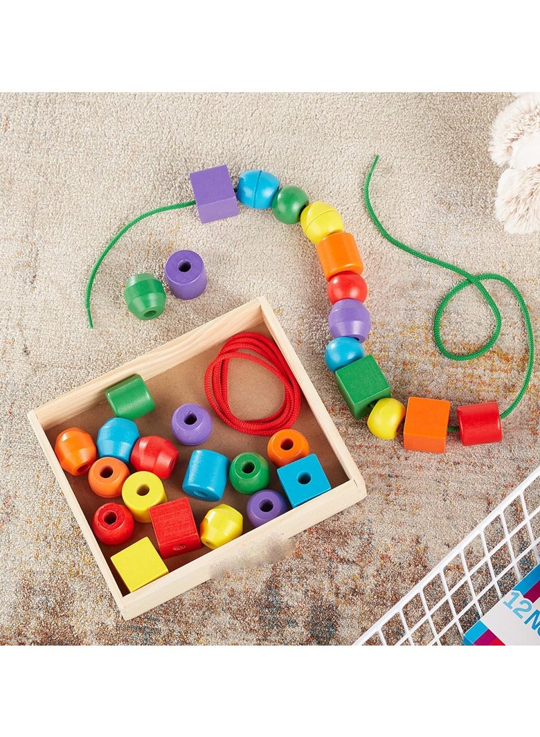 Educational toy with 30 wooden beads and 2 shoelaces - Toddler beads for toddlers and children with fine motor skills Shoelace Toys 3+ - Image 2