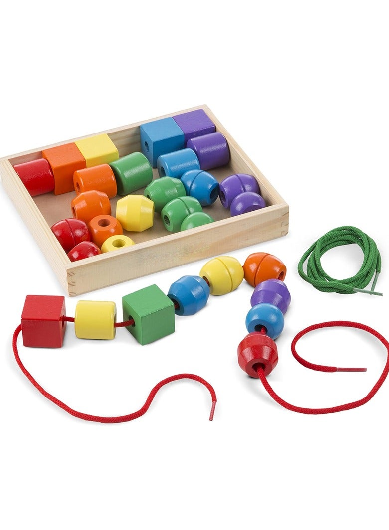 Educational toy with 30 wooden beads and 2 shoelaces - Toddler beads for toddlers and children with fine motor skills Shoelace Toys 3+ - Image 1