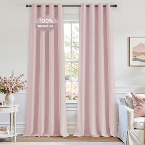 HOMEIDEAS 100% Light Pink Linen Blackout Curtains for Bedroom, 52 x 84 Inch Length 2 Panels Faux Linen Thermal Insulated Darkening Grommet Window Drapes for Living Room,Nursery - Image 1