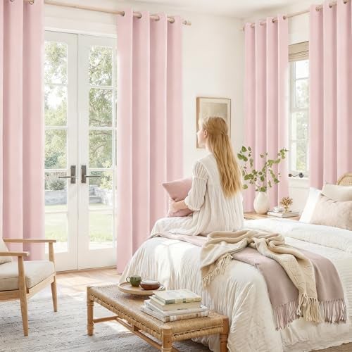 HOMEIDEAS 100% Light Pink Linen Blackout Curtains for Bedroom, 52 x 84 Inch Length 2 Panels Faux Linen Thermal Insulated Darkening Grommet Window Drapes for Living Room,Nursery - Image 2