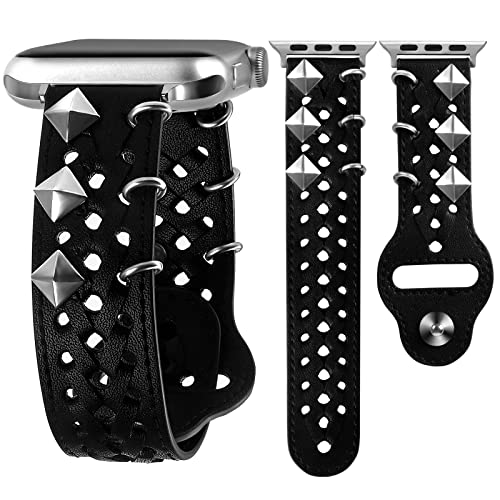 VIQIV Leather Band Compatible with Apple Watch Ultra Band 38mm 41mm 40mm for Women Men Hollowout Woven Rivets Bracelet Designer Wristbands Smartwatch Strap for iWatch Series SE 8 7 6 5 4 3 2 - Image 1